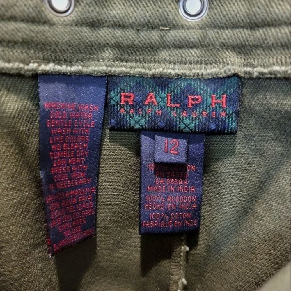 Vintage Ralph by Ralph Lauren Mini Skirt Army Green Cotton Denim Moto Size 12 - Picture 3 of 10